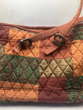 Vintage Quilted Patchwork Shoulder Bag in Rust, Olive, and Green Victorian Heart